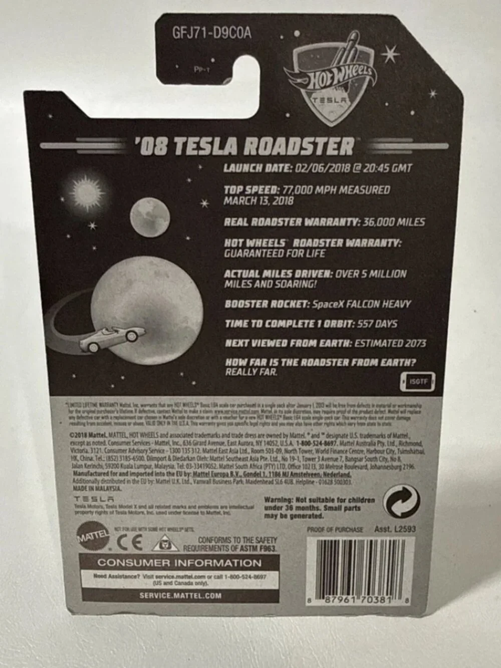 Hot Wheels 2018 Greetings From Space 1st Car to Orbit Sun 08 Tesla Roadster NEW